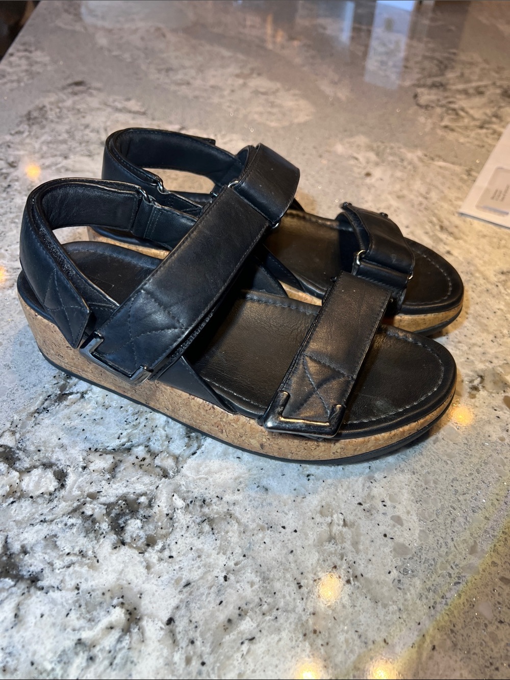 FitFlop Remi Black Leather Cork Wedge Sandals Size 7 EUC